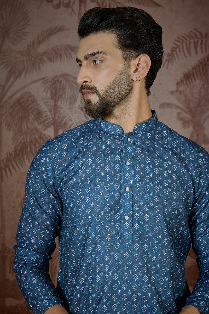Blue Linen Floral Print Regular Kurta MKU2433