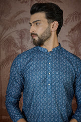 Blue Linen Floral Print Regular Kurta With Trouser MKSET2433
