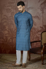 Blue Linen Floral Print Regular Kurta MKU2433