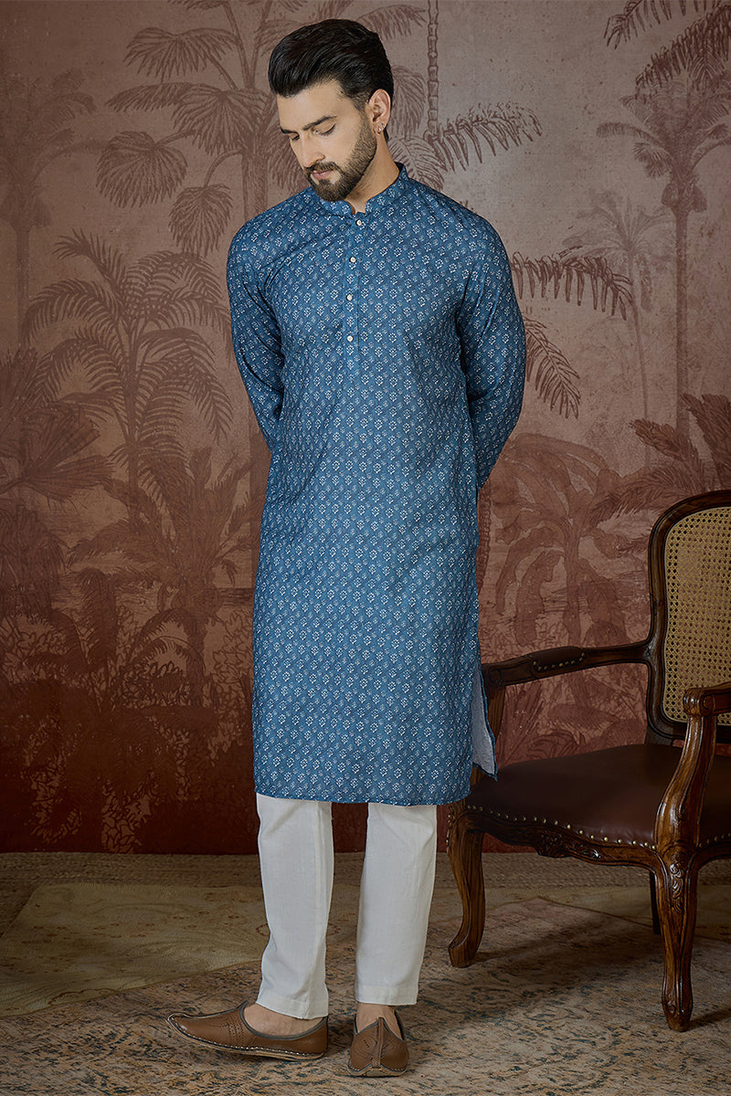 Blue Linen Floral Print Regular Kurta With Trouser MKSET2433