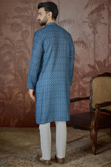 Blue Linen Floral Print Regular Kurta With Trouser MKSET2433