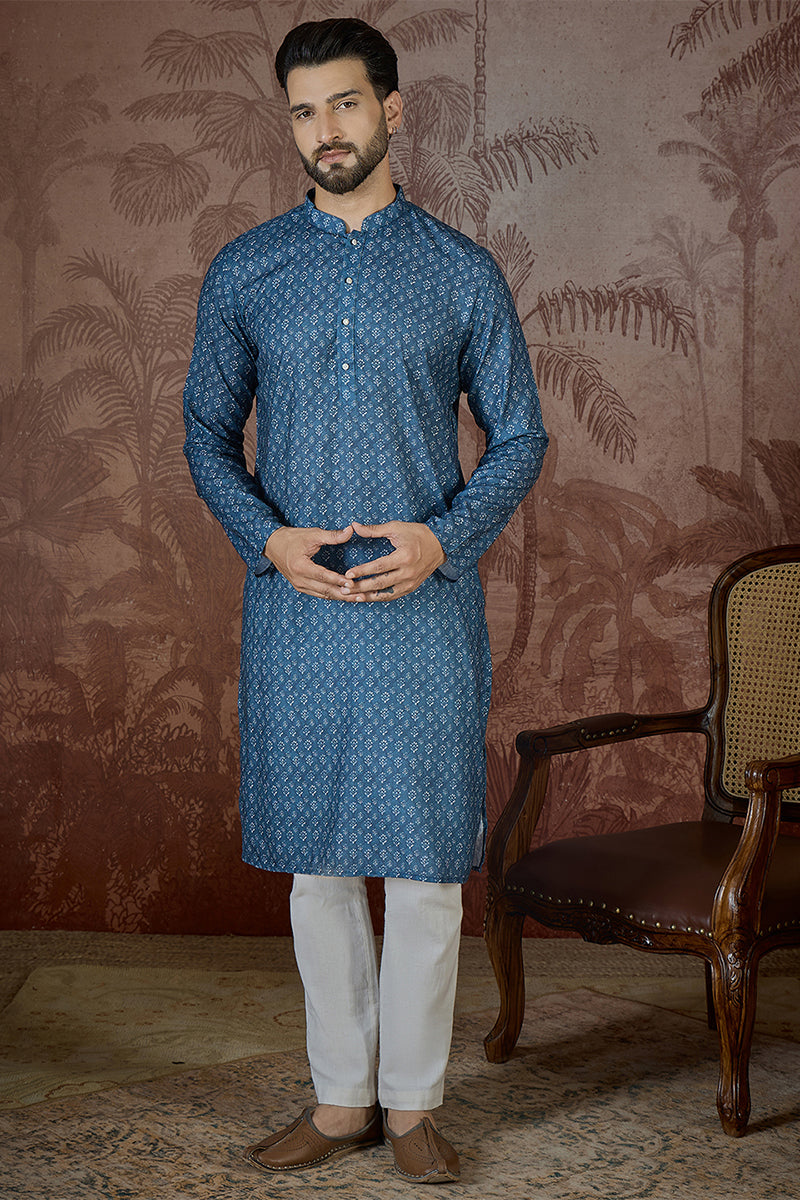 Blue Linen Floral Print Regular Kurta MKU2433