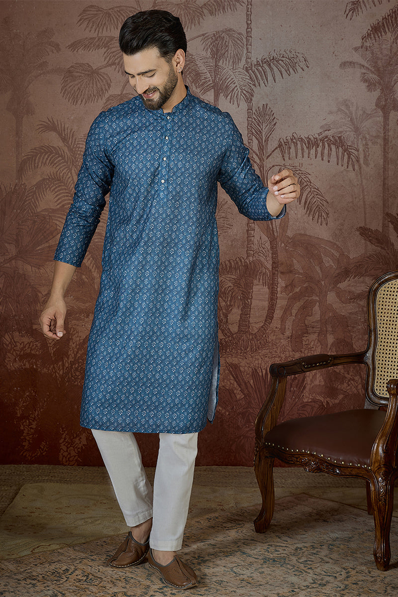 Blue Linen Floral Print Regular Kurta MKU2433