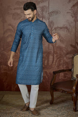 Blue Linen Floral Print Regular Kurta With Trouser MKSET2433
