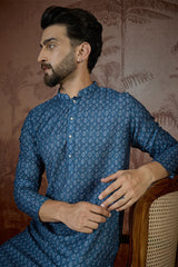 Blue Linen Floral Print Regular Kurta MKU2433