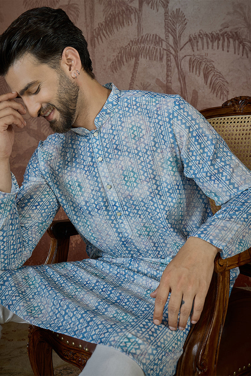 Blue Linen Ethnic Motifs Printed Regular Kurta MKU2434