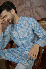 Blue Linen Ethnic Motifs Printed Regular Kurta With Trouser MKSET2434
