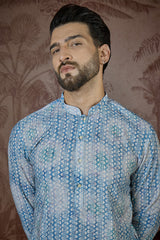 Blue Linen Ethnic Motifs Printed Regular Kurta MKU2434