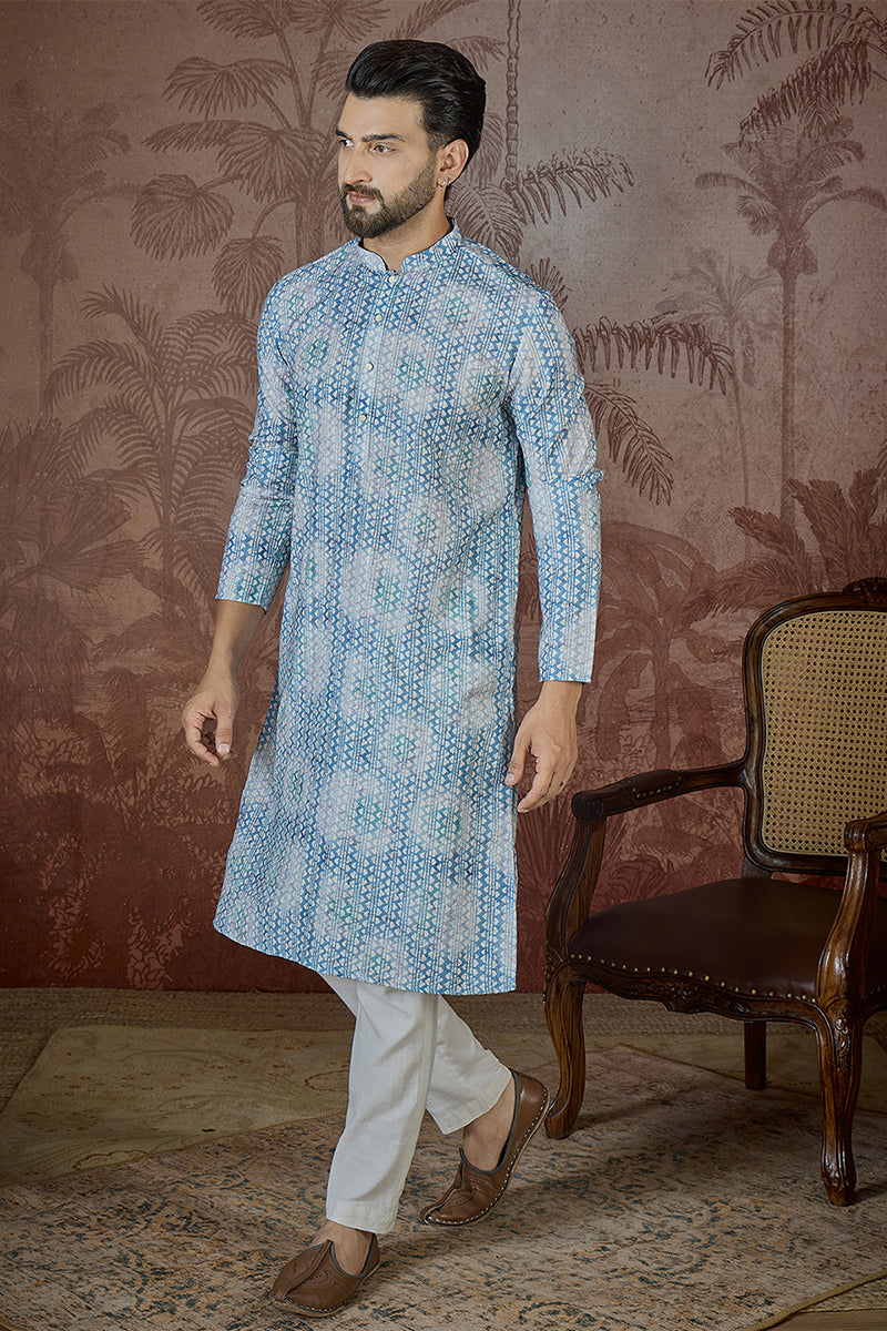 Blue Linen Ethnic Motifs Printed Regular Kurta With Trouser MKSET2434
