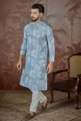 Blue Linen Ethnic Motifs Printed Regular Kurta MKU2434