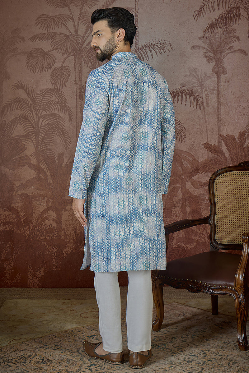 Blue Linen Ethnic Motifs Printed Regular Kurta MKU2434