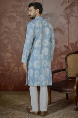 Blue Linen Ethnic Motifs Printed Regular Kurta MKU2434
