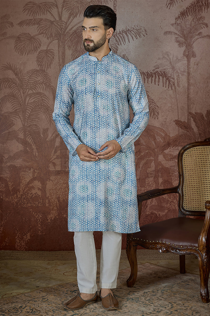 Blue Linen Ethnic Motifs Printed Regular Kurta MKU2434