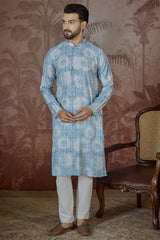 Blue Linen Ethnic Motifs Printed Regular Kurta MKU2434