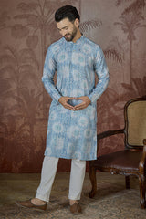 Blue Linen Ethnic Motifs Printed Regular Kurta With Trouser MKSET2434