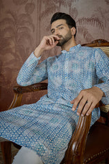 Blue Linen Ethnic Motifs Printed Regular Kurta With Trouser MKSET2434