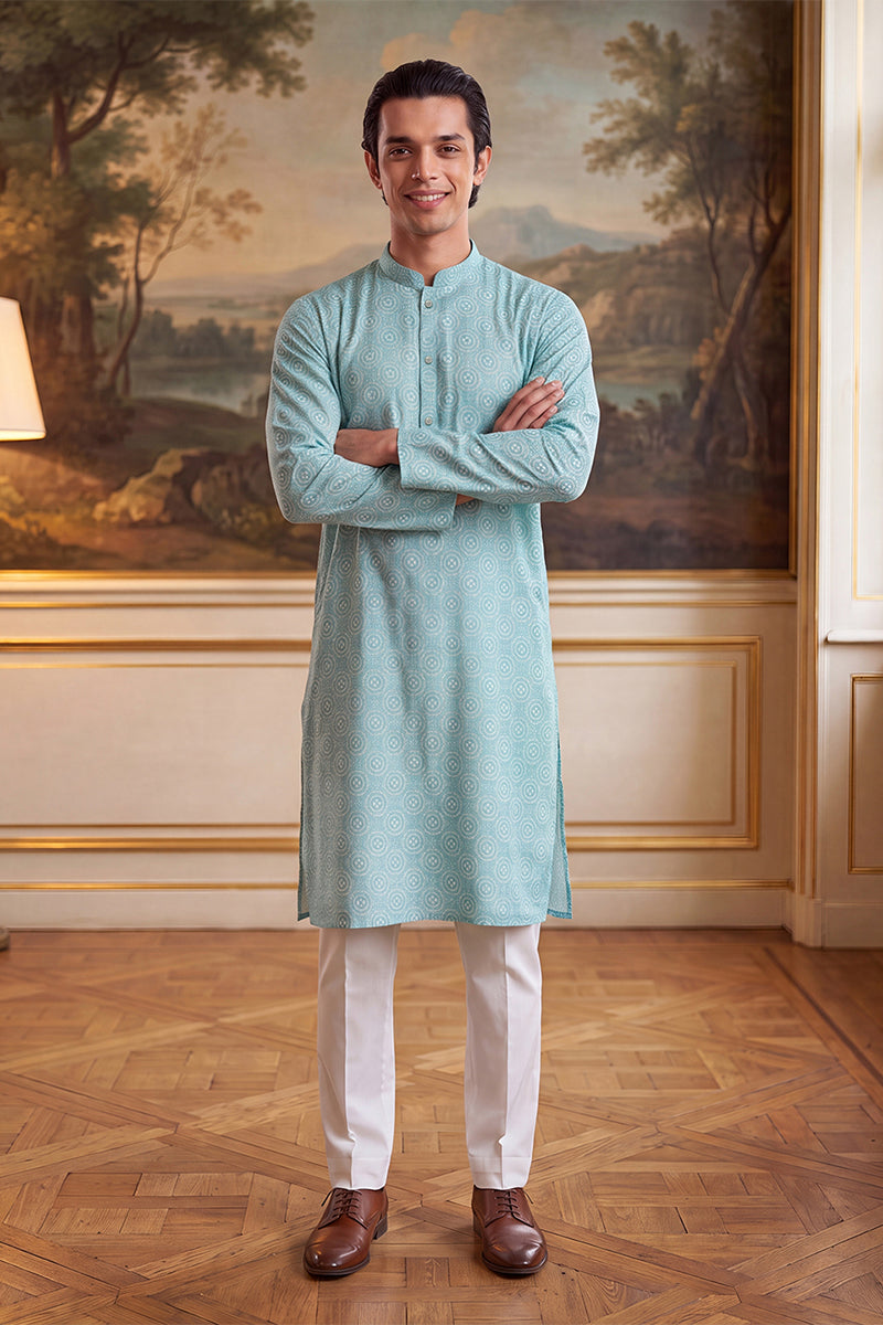 Blue Linen Bandhani Printed Regular Kurta MKU2436