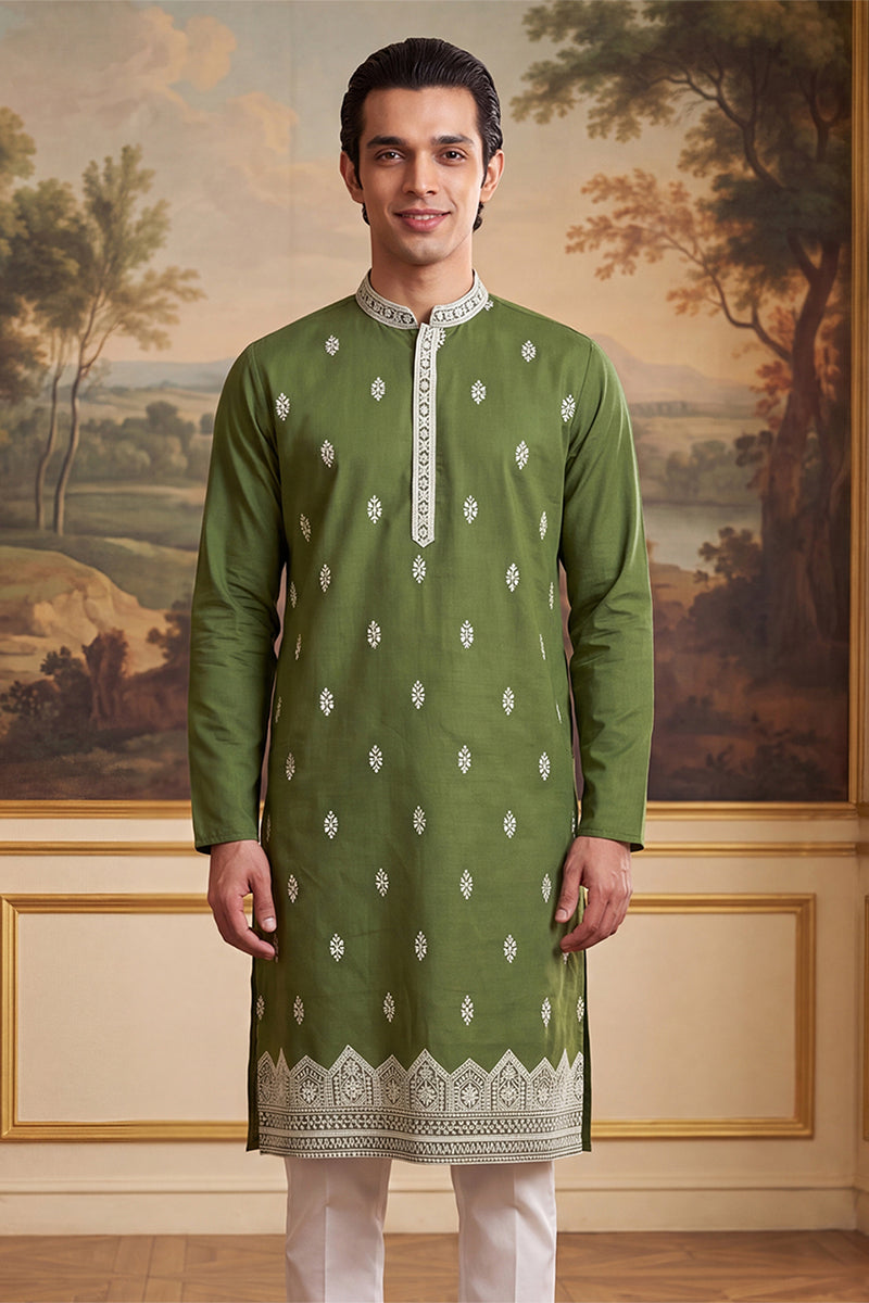 Green Silk Blend Solid Embroidered Kurta MKU2486
