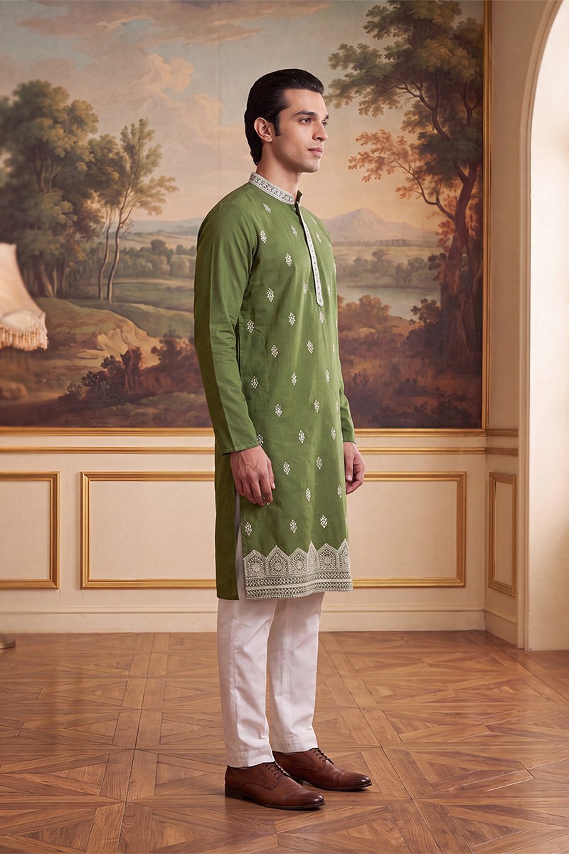 Green Silk Blend Solid Embroidered Kurta MKU2486
