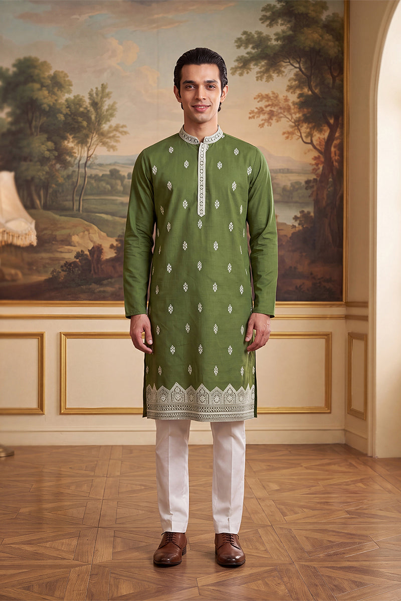 Green Silk Blend Solid Embroidered Kurta With Trouser MKSET2486