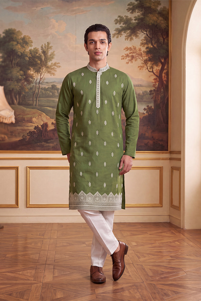 Green Silk Blend Solid Embroidered Kurta MKU2486