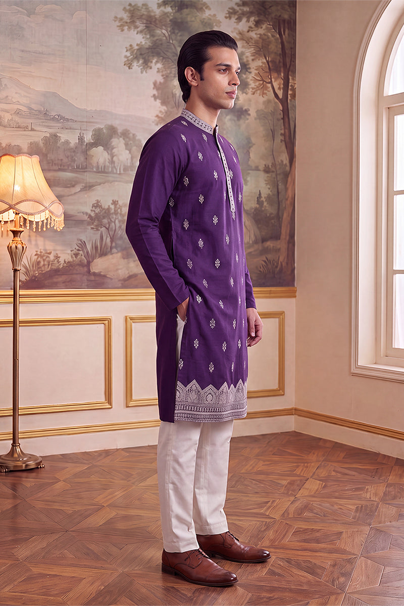 Violet Silk Blend Solid Embroidered Kurta MKU2487
