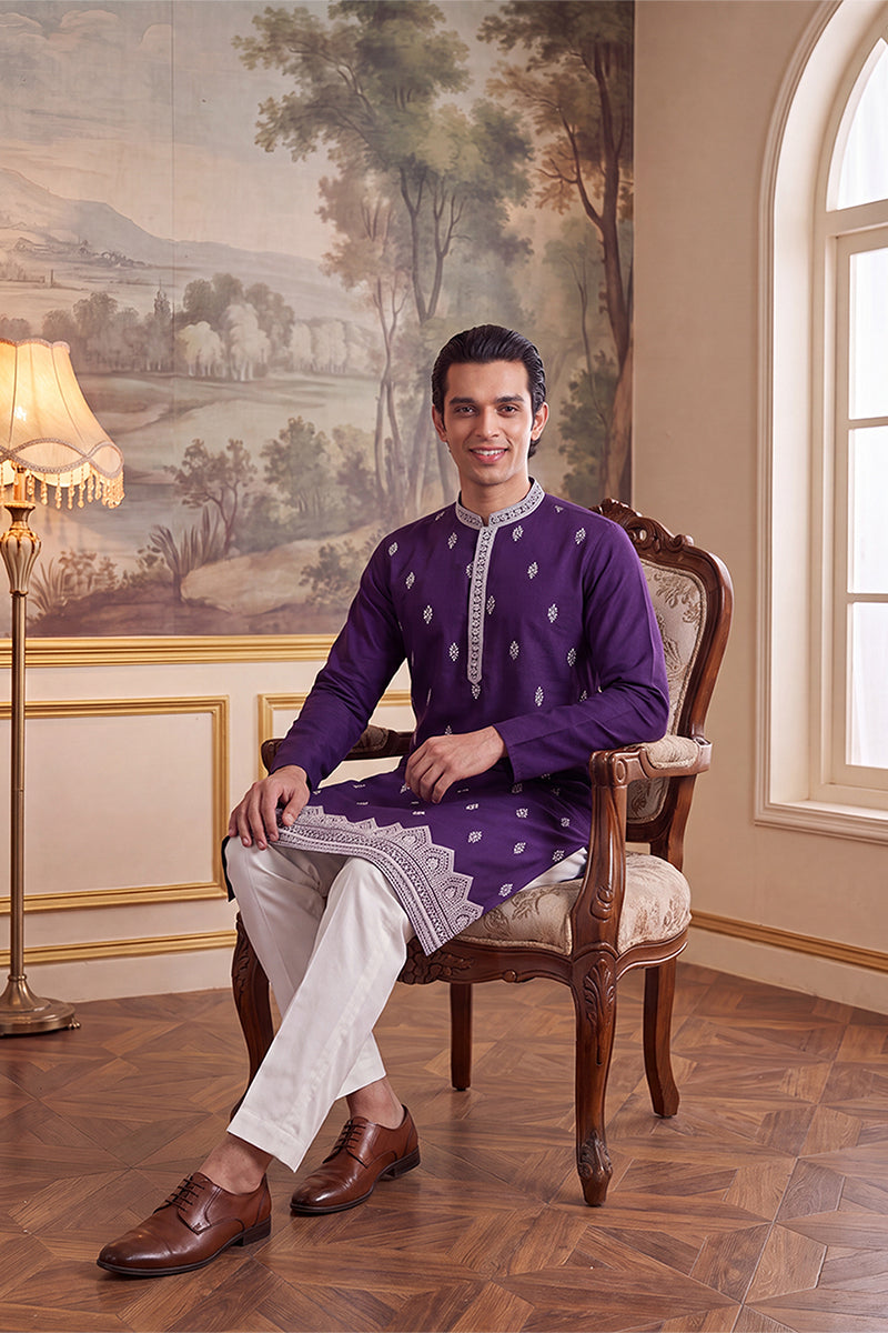 Violet Silk Blend Solid Embroidered Kurta MKU2487