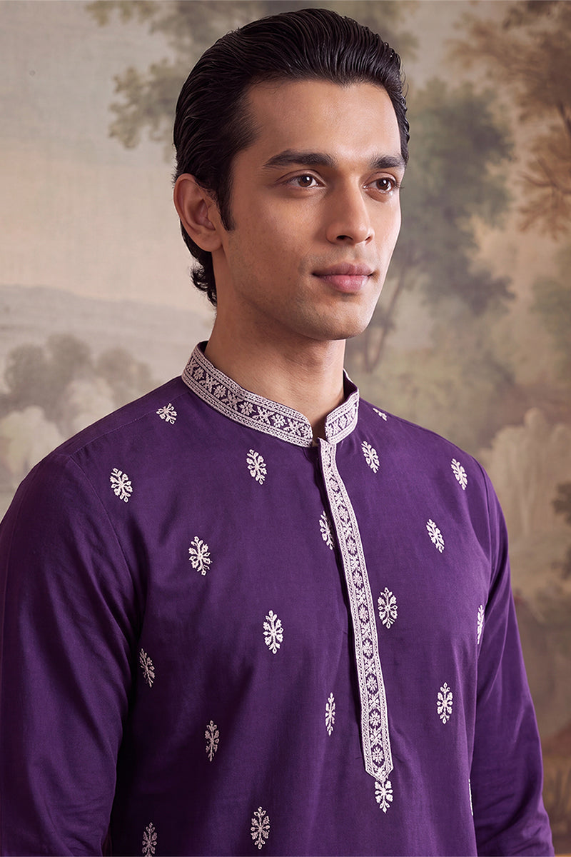 Violet Silk Blend Solid Embroidered Kurta MKU2487