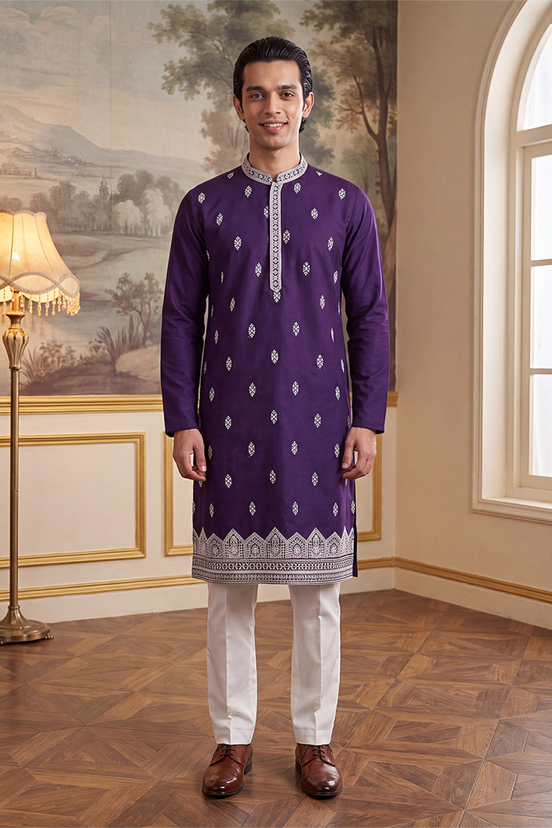 Violet Silk Blend Solid Embroidered Kurta MKU2487