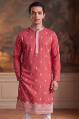 Peach Silk Blend Solid Embroidered Kurta MKU2488