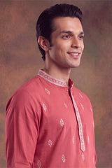 Peach Silk Blend Solid Embroidered Kurta MKU2488