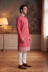 Peach Silk Blend Solid Embroidered Kurta With Trouser MKSET2488