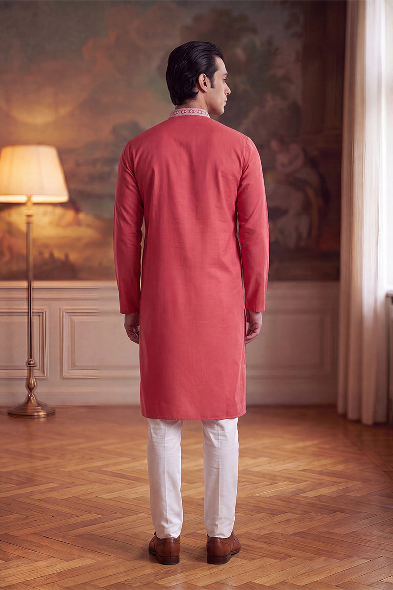 Peach Silk Blend Solid Embroidered Kurta With Trouser MKSET2488
