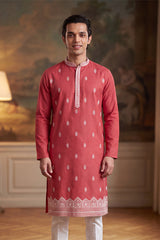 Peach Silk Blend Solid Embroidered Kurta MKU2488