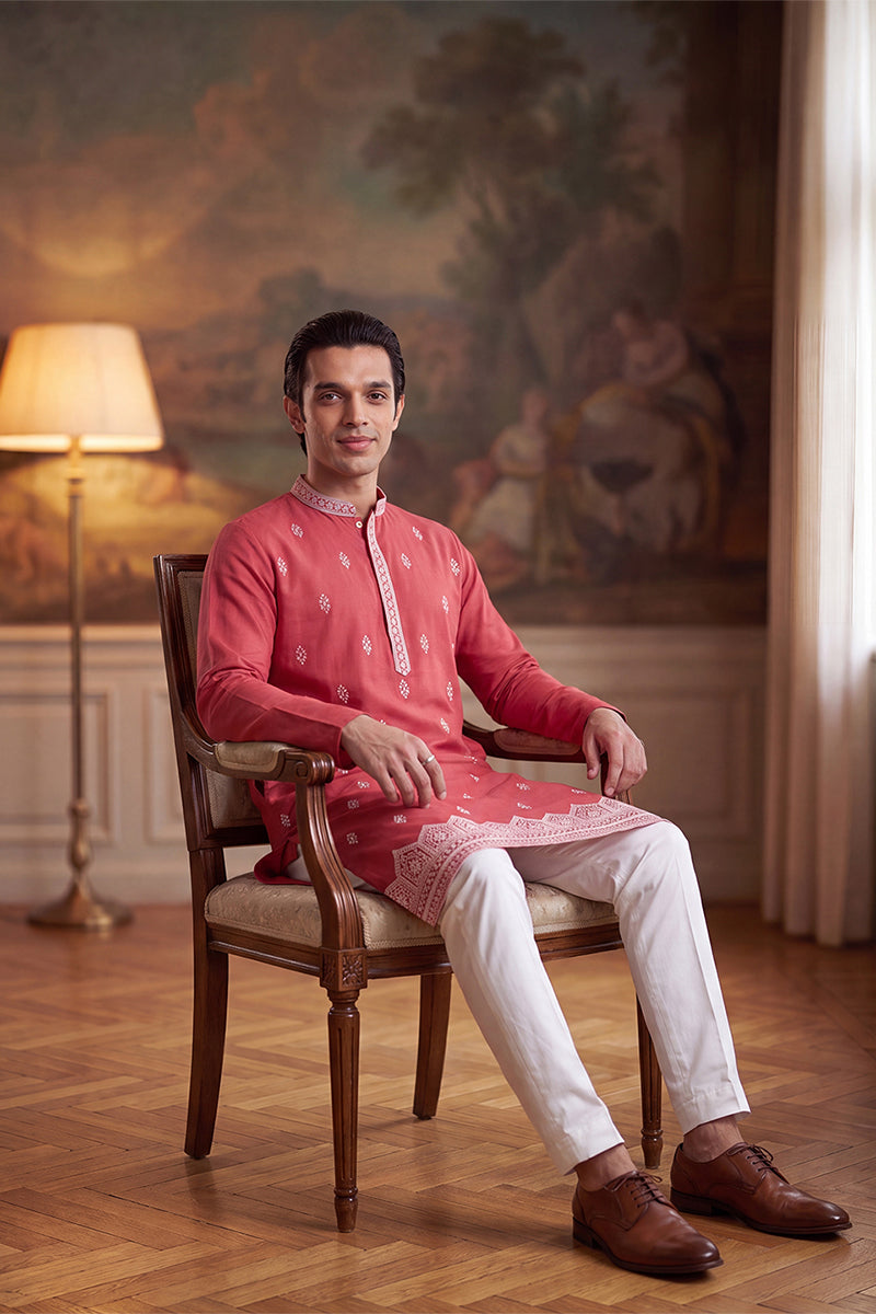 Peach Silk Blend Solid Embroidered Kurta With Trouser MKSET2488