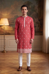 Peach Silk Blend Solid Embroidered Kurta MKU2488
