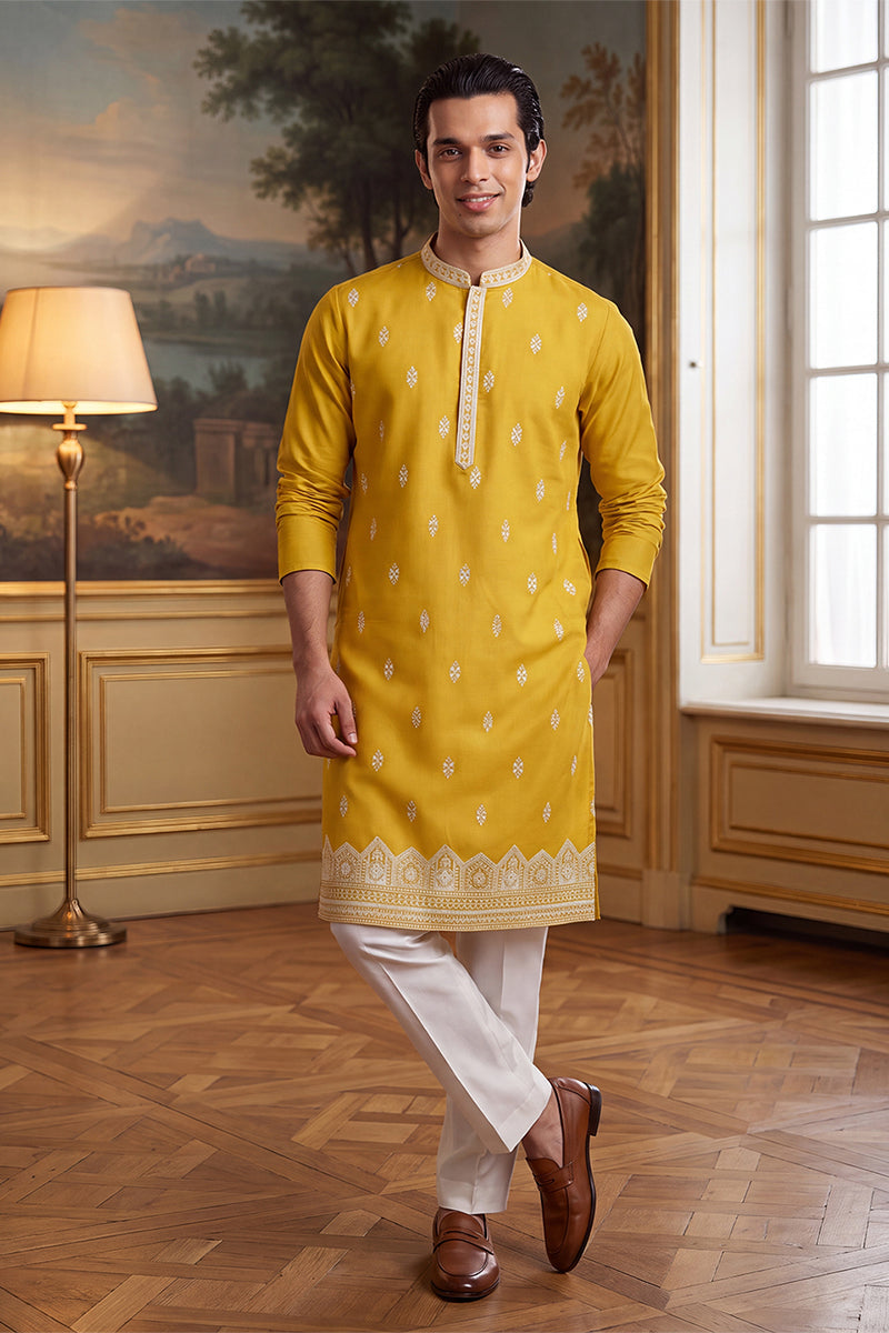 Yellow Silk Blend Solid Embroidered Kurta With Trouser MKSET2489