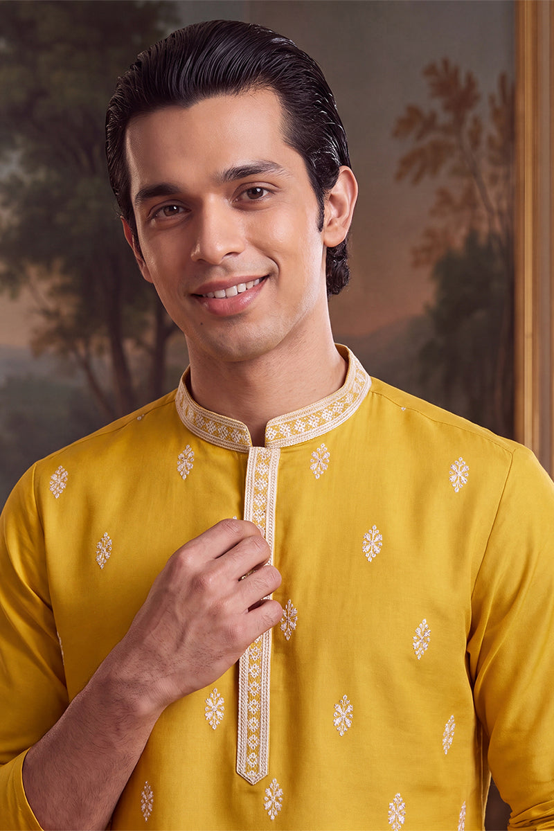 Yellow Silk Blend Solid Embroidered Kurta With Trouser MKSET2489