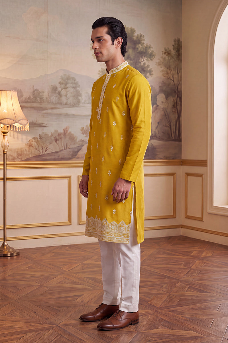 Yellow Silk Blend Solid Embroidered Kurta With Trouser MKSET2489