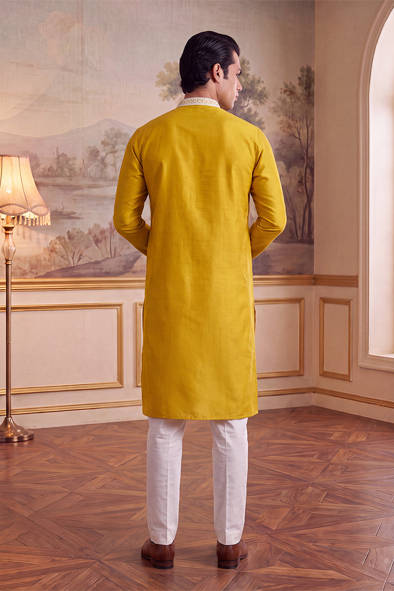 Yellow Silk Blend Solid Embroidered Kurta MKU2489