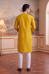 Yellow Silk Blend Solid Embroidered Kurta MKU2489