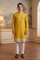 Yellow Silk Blend Solid Embroidered Kurta With Trouser MKSET2489