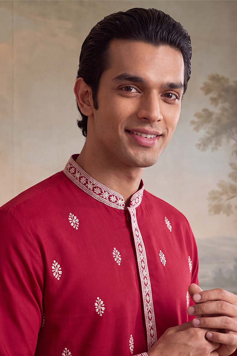 Pink Silk Blend Solid Embroidered Kurta MKU2490