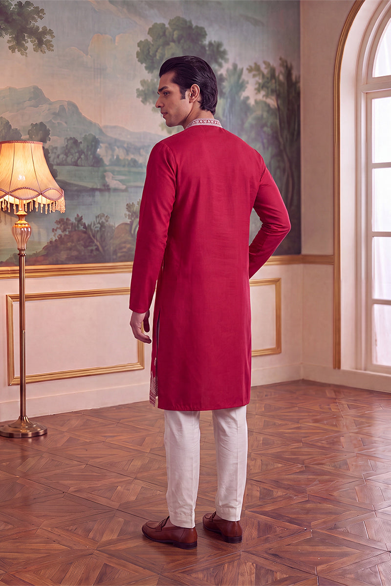 Pink Silk Blend Solid Embroidered Kurta MKU2490