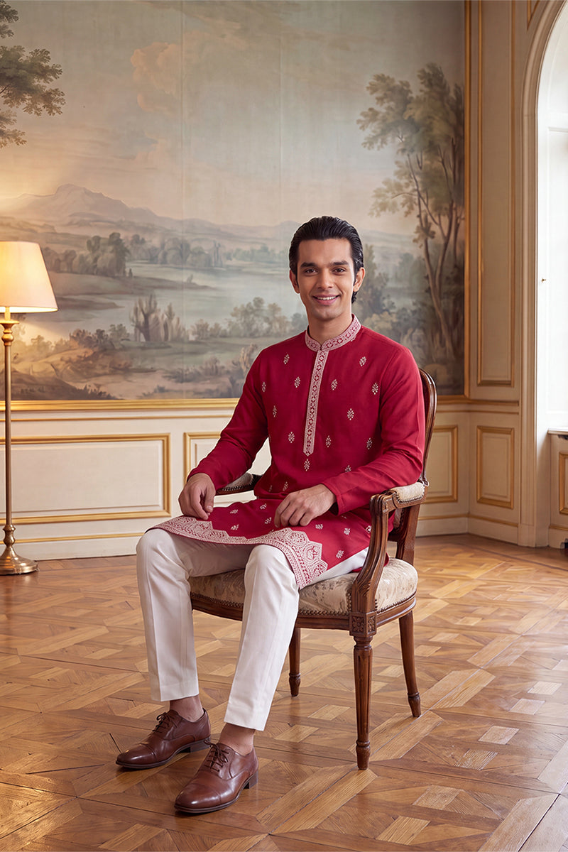 Pink Silk Blend Solid Embroidered Kurta MKU2490