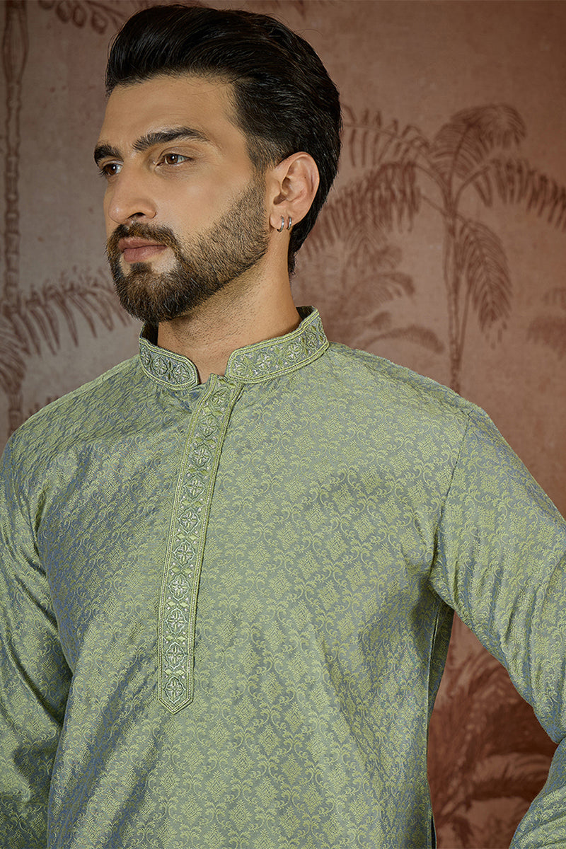 Green Jacquard Solid Embroidered Kurta MKU2499