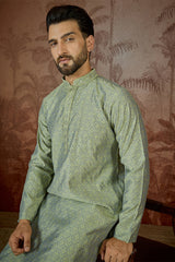 Green Jacquard Solid Embroidered Kurta MKU2499