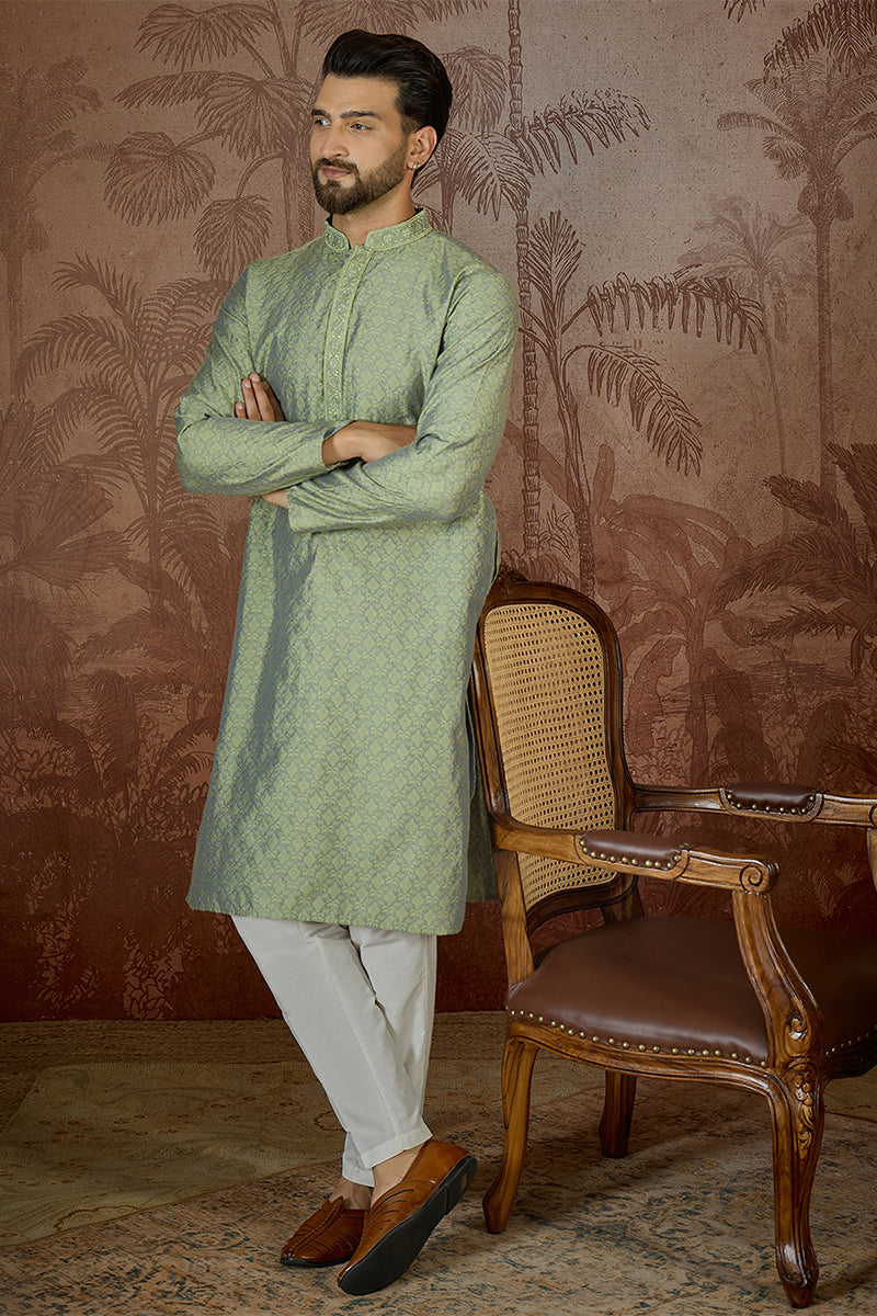 Green Jacquard Solid Embroidered Kurta MKU2499