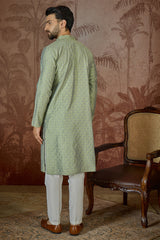 Green Jacquard Solid Embroidered Kurta MKU2499