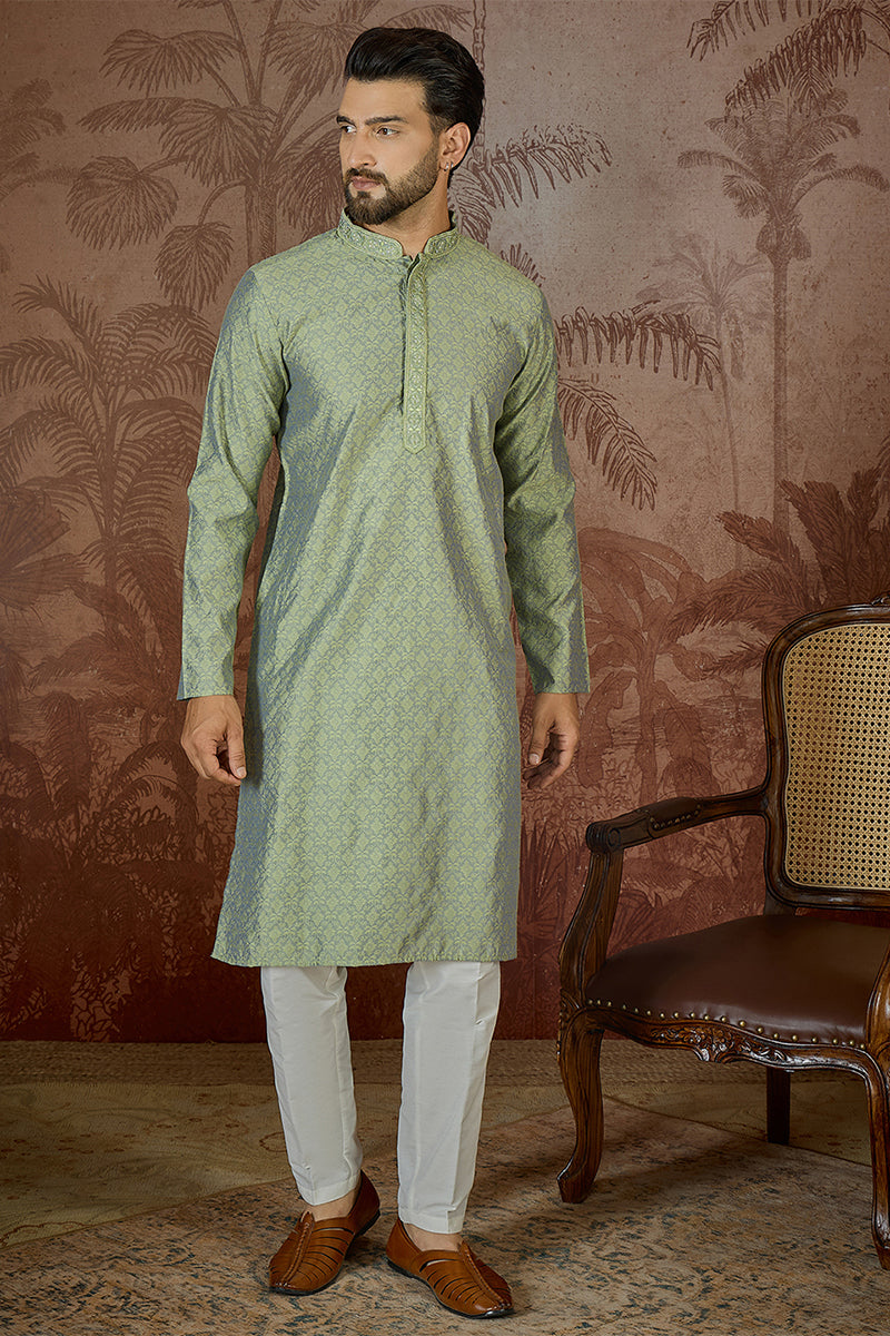 Green Jacquard Solid Embroidered Kurta MKU2499